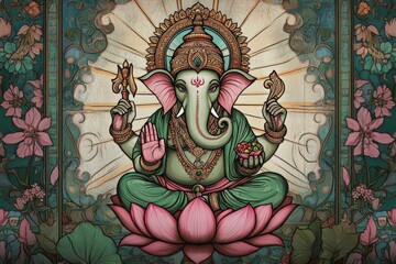 Obraz premium A peaceful stained glass of Lord Ganesha seated on a lotus, with soft green and pink hues glowing through, surrounded by intricate patterns of flowers and divine symbols