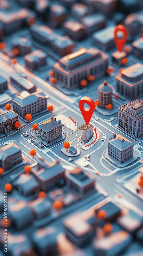 Poster vibrant 3d map of a neighborhood with pointers