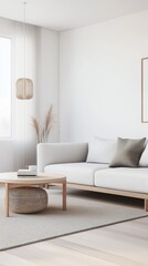A modern minimalist living room with a sofa and a potted plant.