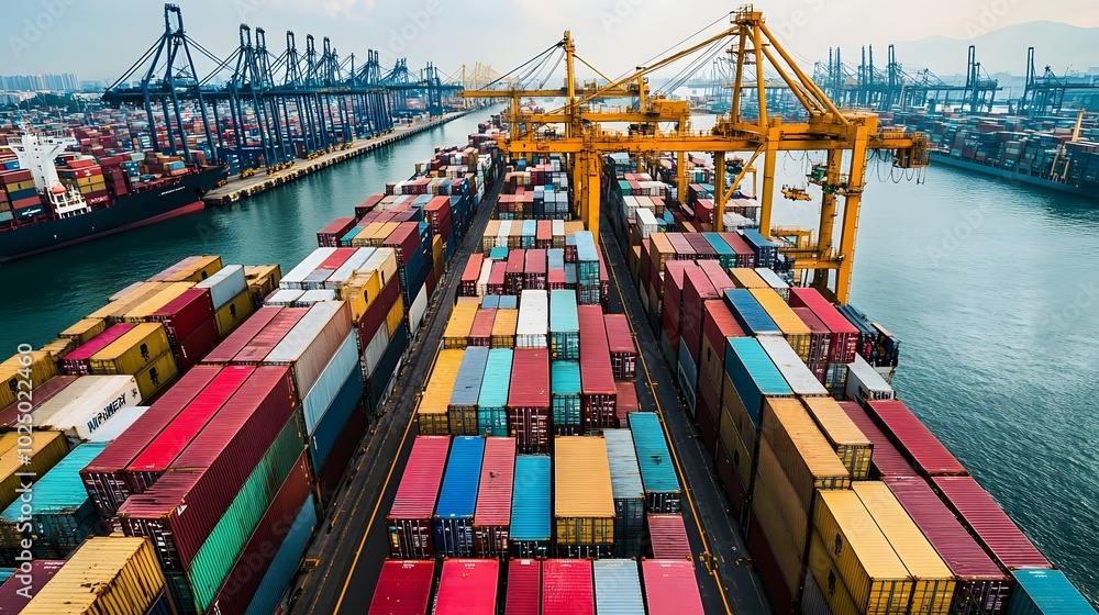 Poster 5. a dynamic view of rows of cargo containers on a docked container ship, with cranes in action and 