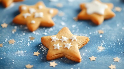Gingerbread star cookies on starry night blue background. AI generated illustration.