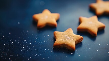 Gingerbread star cookies on starry night blue background. AI generated illustration.