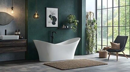 Exquisite modern bathroom design featuring a sleek minimalist aesthetic with luxurious marble surfaces black hardware fixtures and a stunning white freestanding bathtub
