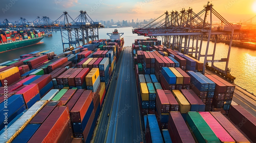 Poster 5. a dynamic view of rows of cargo containers on a docked container ship, with cranes in action and 