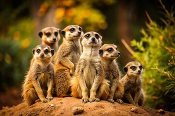 Obraz premium Photograph a family of meerkats standing alert on a sandy mound, watching their surroundings with curious expressions. 
