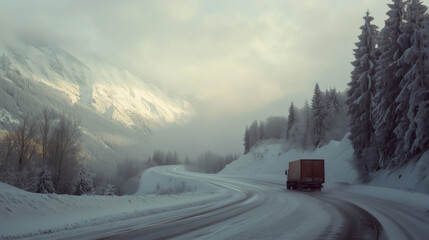 
A vibrant red truck parked on a snow-covered mountain road, surrounded by majestic snow-capped peaks. The winter landscape reflects the serene beauty of nature in a cold season.