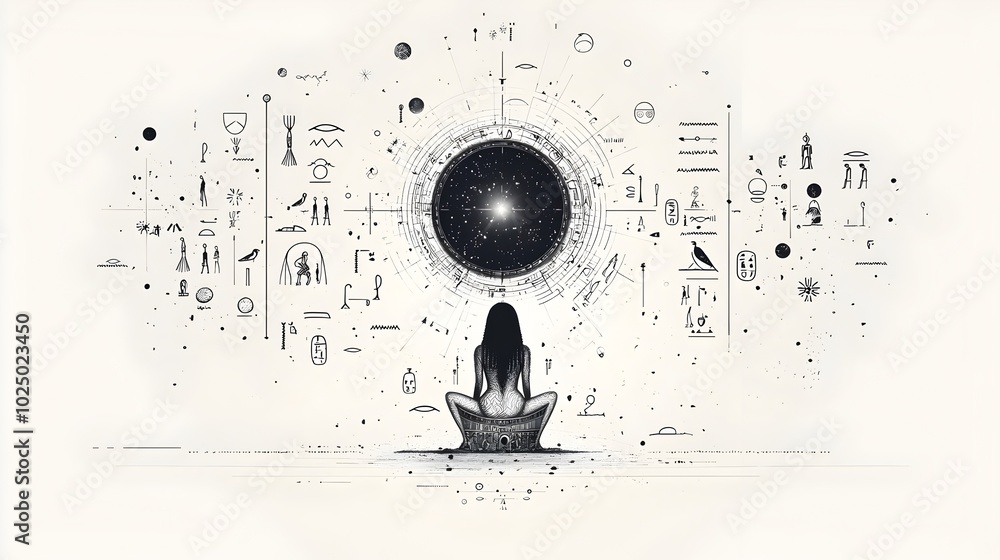 Wall mural cleopatra sitting on a grand throne surrounded by ancient egyptian hieroglyphs symbols and mystical 