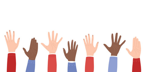 Vector banner for elections concept. Black and white hands diversity. Every vote matters. Hand drawn vector illustration in flat style. Vote poster in flat style. 2024 elections banner