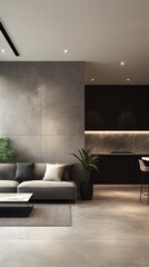 A modern minimalist living room with a sofa and a potted plant.