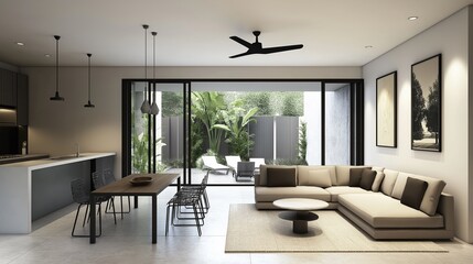 A modern minimalist living room with an open floor plan. 
