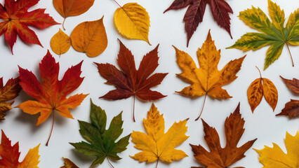 A cluster of colorful autumn leaves on a white background.
