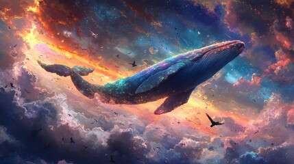Naklejka premium giant rainbow-colored whale swimming through a sky of pastel clouds, with birds flying in and out of the vibrant light beams trailing behind it
