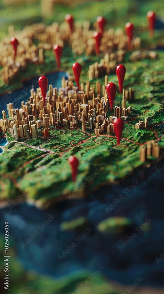 Poster artistic 3d world map rendering with markers