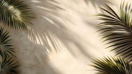 4. A clean and modern product showcase on a beige stone background, where the soft, organic shadows of palm leaves create an elegant interplay of light and texture