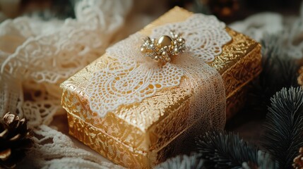 Golden box with lace for Christmas decoration. AI generated illustration.