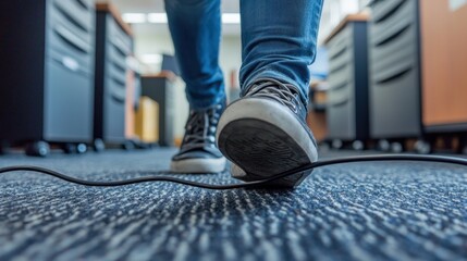 Avoid Workplace Accidents: Person Tripping Over Loose Cable in Office Environment. Copy Space for Safety Messages.