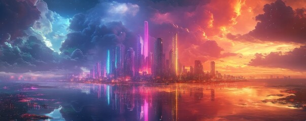 futuristic city with buildings glowing in neon rainbow colors, hovering above a reflective, multicolored ocean under a sky filled with swirling rainbow clouds