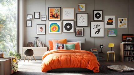 Cozy and Curated Argentinian Teen Bedroom Featuring Tango Themed Posters Vinyl Record Collection and Vibrant Bedding