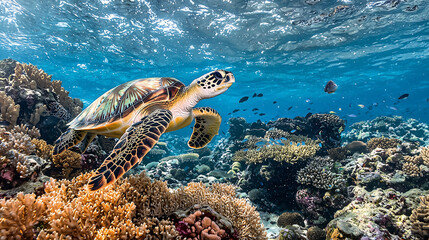 Fototapeta premium Majestic sea turtle gliding over vibrant coral reefs in crystal-clear ocean waters