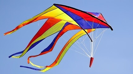 A photograph of a pastel colored kite gracefully soaring and drifting in a clear blue sky with wispy billowing clouds  The kite s vibrant colors and delicate movements create a serene