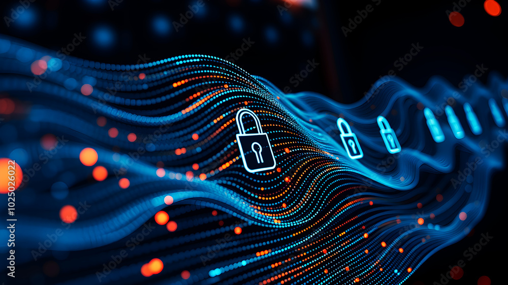 Poster a flowing stream of data lines, protected by lock icons, symbolizing encrypted internet traffic.