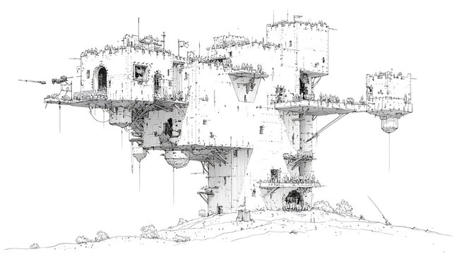 Detailed black line drawing of a medieval siege tower rolling towards a heavily fortified castle with archers and crossbowmen defending the castle walls and towers against the impending attack