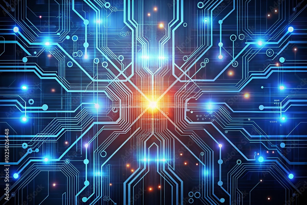 Poster abstract circuit illustration with complex lines and nodes representing technology and innovation