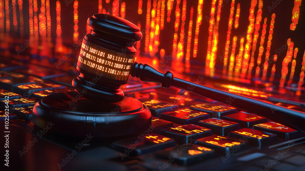 Aufkleber a gavel with binary code symbols, placed on a glowing keyboard, representing cyber law and justice