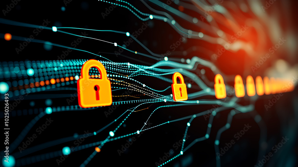 Poster a flowing stream of data lines, protected by lock icons, symbolizing encrypted internet traffic.