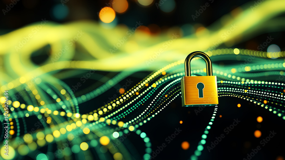 Poster a flowing stream of data lines, protected by lock icons, symbolizing encrypted internet traffic.