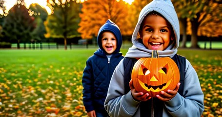 Children Smiling And Holding Jack-o'-Lanterns. Ready For Celebration. Halloween Holiday Related Footage.
