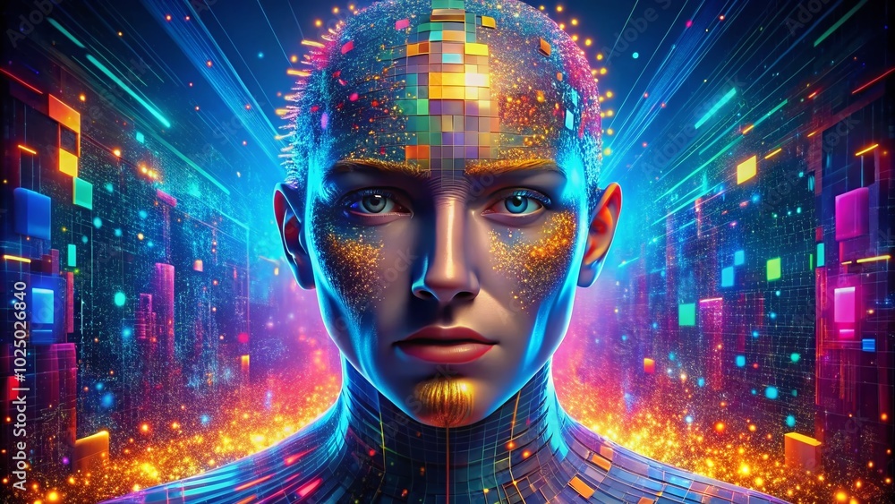 Poster abstract digital human face in artificial intelligence concept representing big data and cyber secur