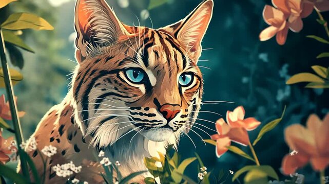 A bobcat with bright blue eyes looks intently at the camera from a patch of flowers