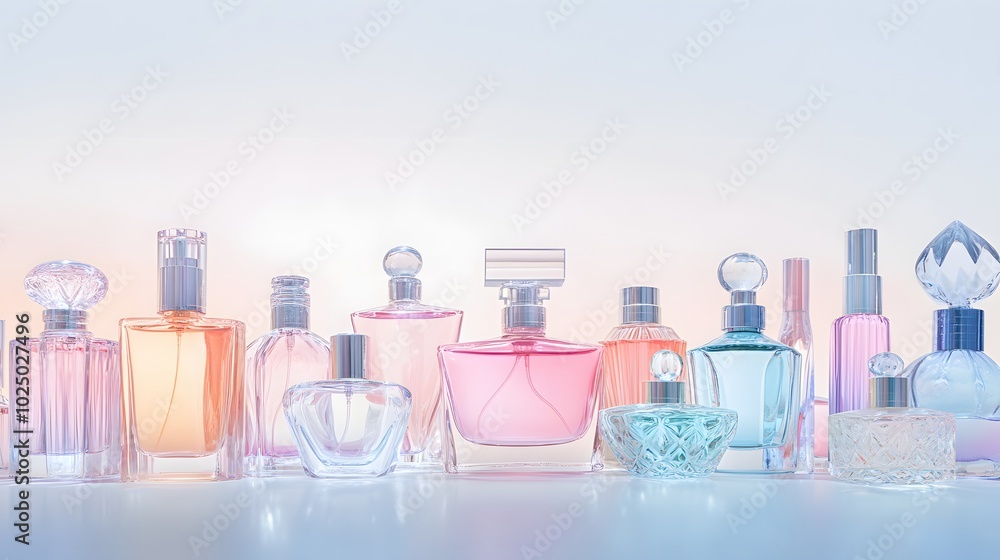 Poster 4. a captivating still life scene featuring an array of transparent glass perfume bottles in various