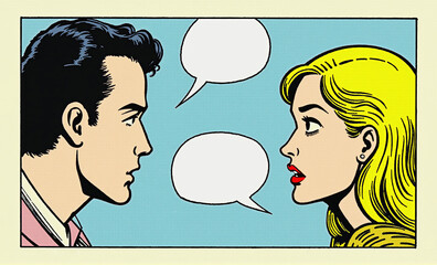 Retro comic book-style illustration: intense conversation between blonde woman and dark-haired man, seen in profile, with empty speech bubbles. Bold outlines capture vintage pop art aesthetic.