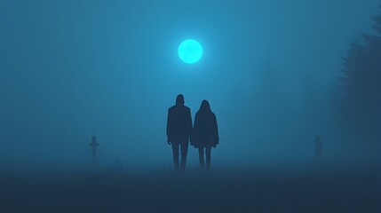 Eerie silhouettes of mysterious figures walking through a fog enshrouded cemetery illuminated by an ethereal glow of moonlight in the night