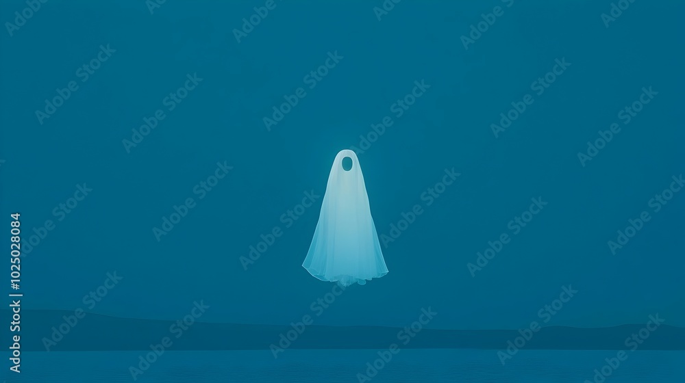 Poster ethereal figure of a ghostly bride dressed in a flowing wedding gown floating above the tranquil wat