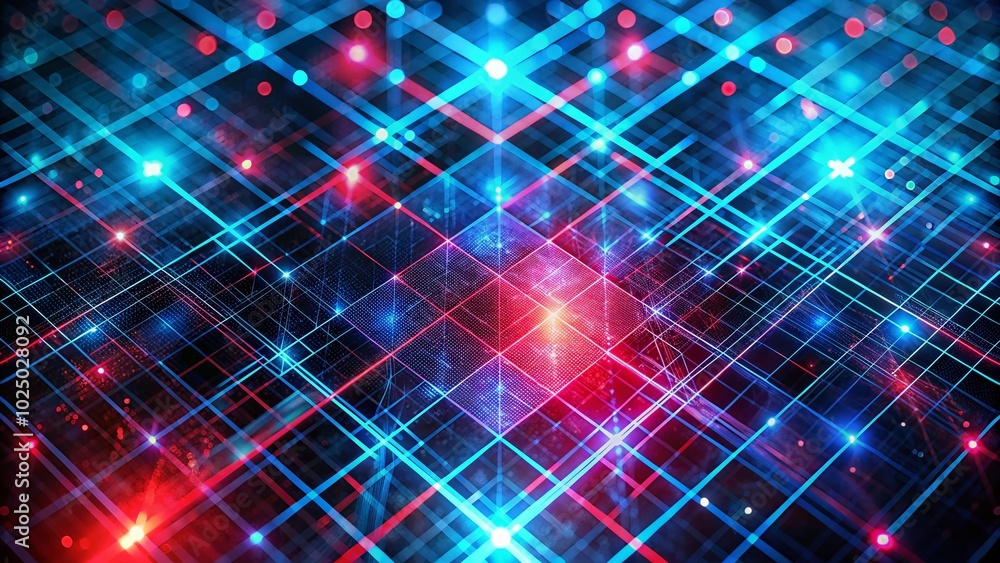 Poster abstract grid background with blue and red elements on black canvas for modern design projects and d