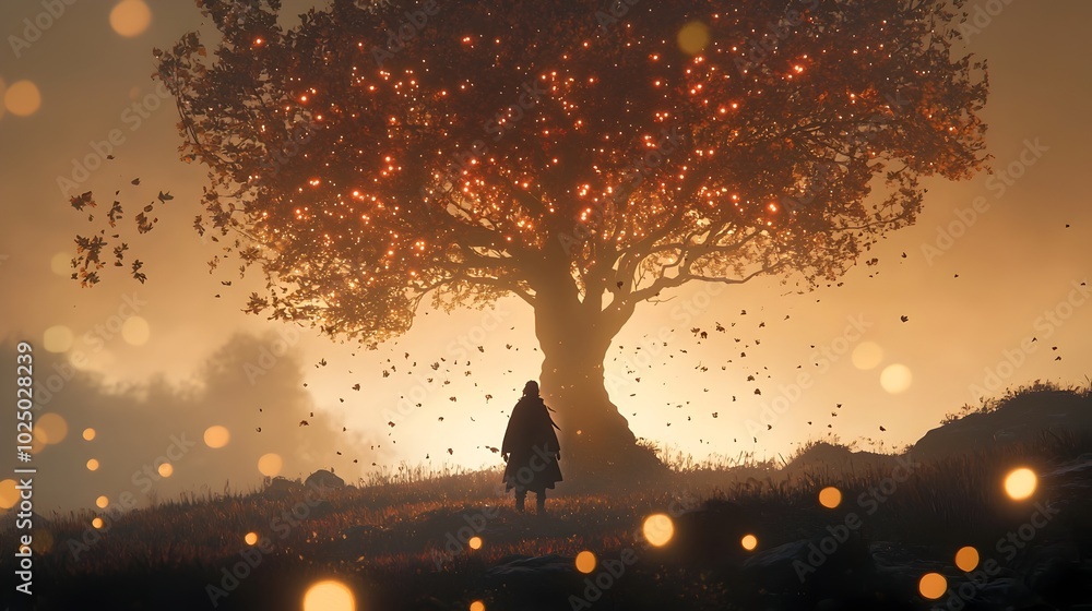 Poster Ethereal silhouette of a spectral figure standing beneath the ancient branches of a mystical tree surrounded by an otherworldly glow of ghostly lights in a tranquil misty forest