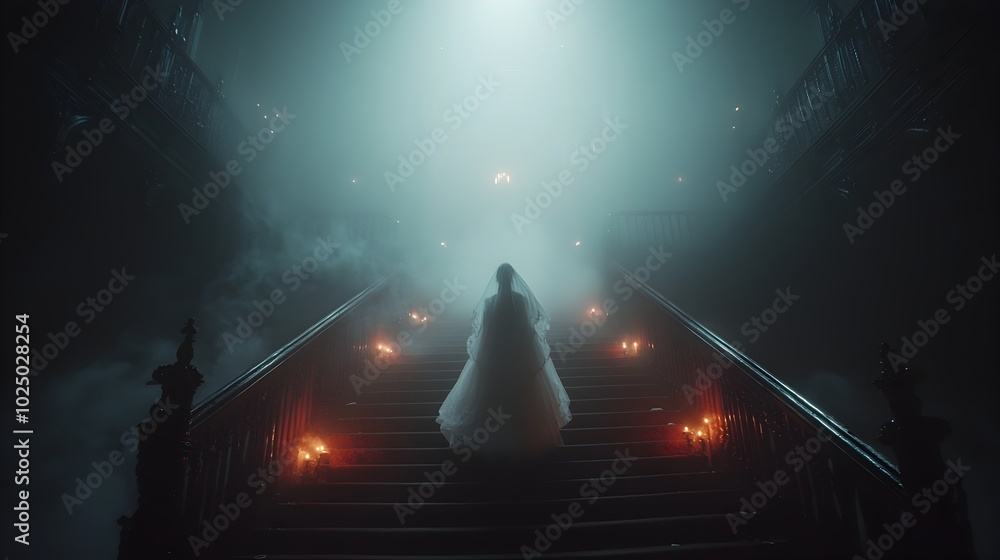 Aufkleber ethereal figure of a victorian era ghost gliding down a grand staircase illuminated by the flickerin