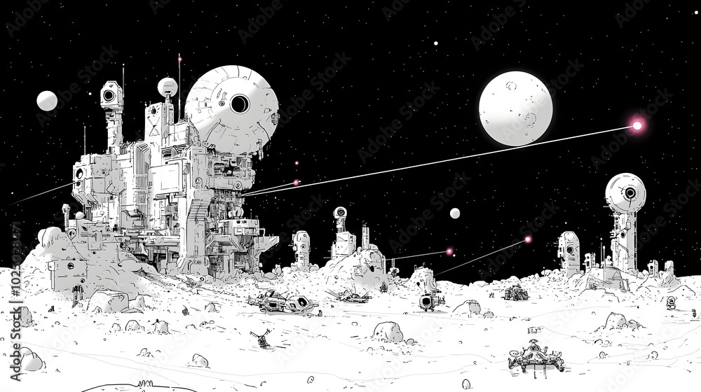 Poster futuristic space battle scene depicting massive starships firing powerful laser beams with small fig