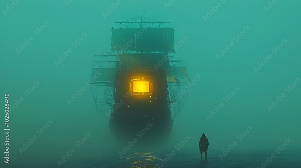 Aufkleber Ghostly and enigmatic ship sailing through thick fog with an ethereal glow emanating from its sails creating an atmosphere of mystery and the supernatural