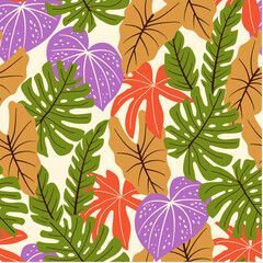 Abstract seamless tropical pattern with bright plants and leaves on a beige background. Tropic leaves in bright colors. Beautiful print with hand drawn floral plants.