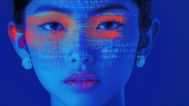 Close-up of an Asian woman's face illuminated by digital code projections in blue and red, embodying technology and futuristic concepts.