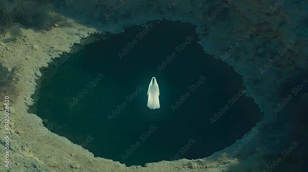 Poster ghostly ethereal figure in a bridal dress floating above a serene calm body of water surrounded by a
