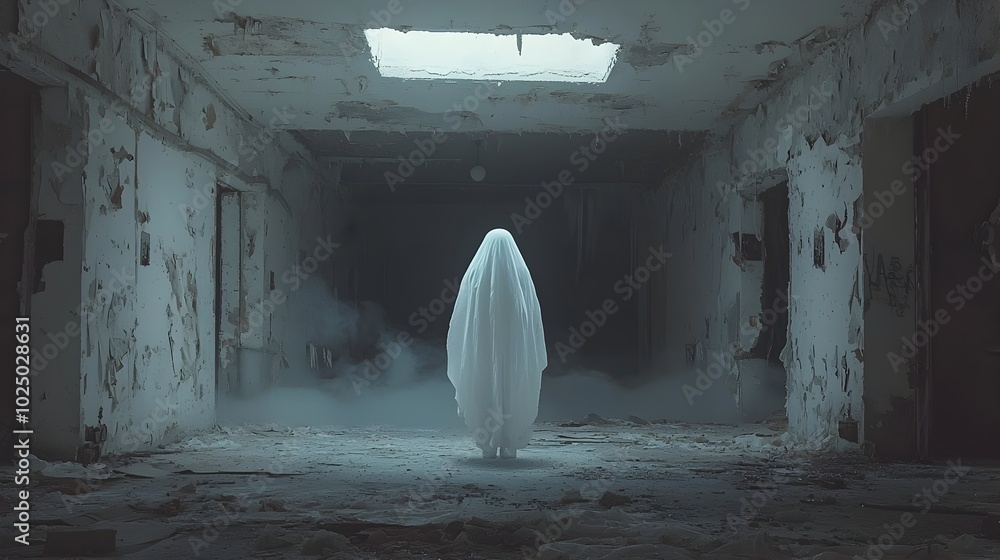 Poster ghostly ethereal figure silently glides through an abandoned dilapidated hallway with flickering omi