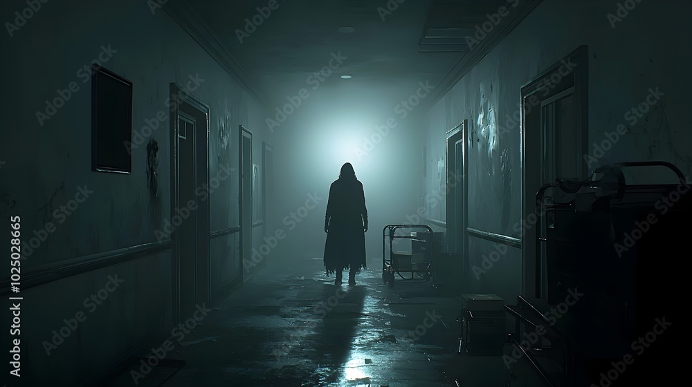 Aufkleber Ghostly figure standing at the end of a long shadowy corridor shrouded in an eerie mist and fading light creating a haunting and mysterious atmosphere