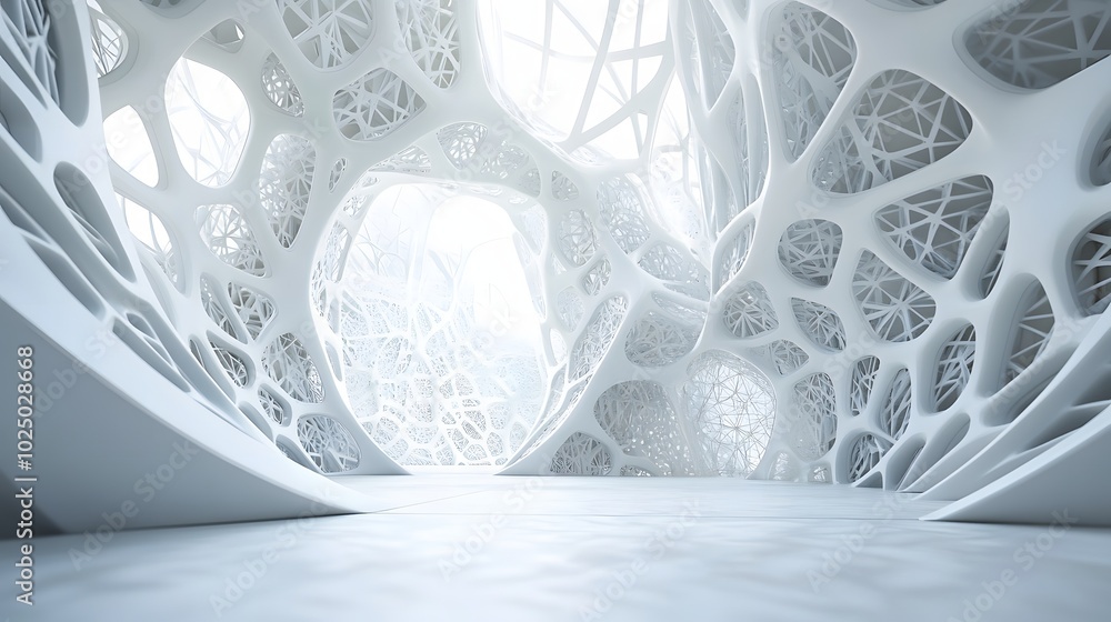 Poster 1. a stunning 3d rendering of a modern, white intricate room featuring abstract geometric shapes and