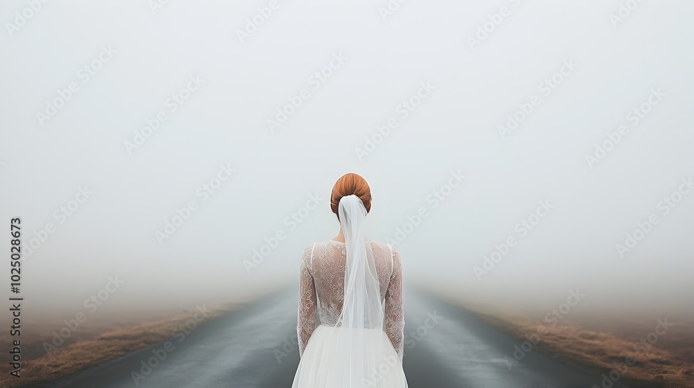 Poster ghostly ethereal image of a solitary bride standing on a long empty road shrouded in mist and fog he