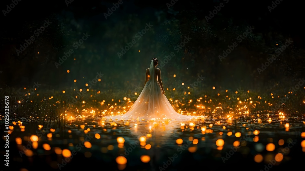 Aufkleber Ghostly figure of a bride in a flowing white wedding dress floating serenely above a calm body of water with an ethereal glow of lights emerging from below creating a mesmerizing and enchanting scene